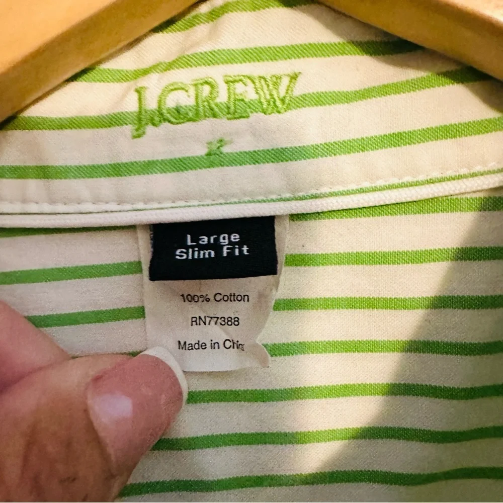 J.Crew White & Green Striped Slim Fit Dress Shirt – Men’s Large